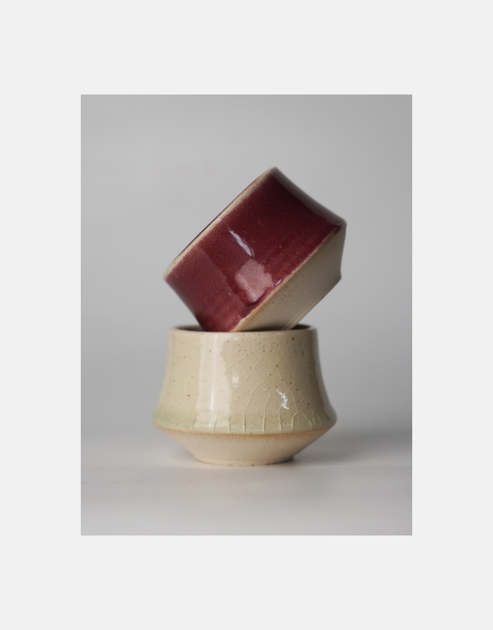 Handcrafted ceramic espresso cup set in Cherry Red and Satin White glazes by milimeter.co